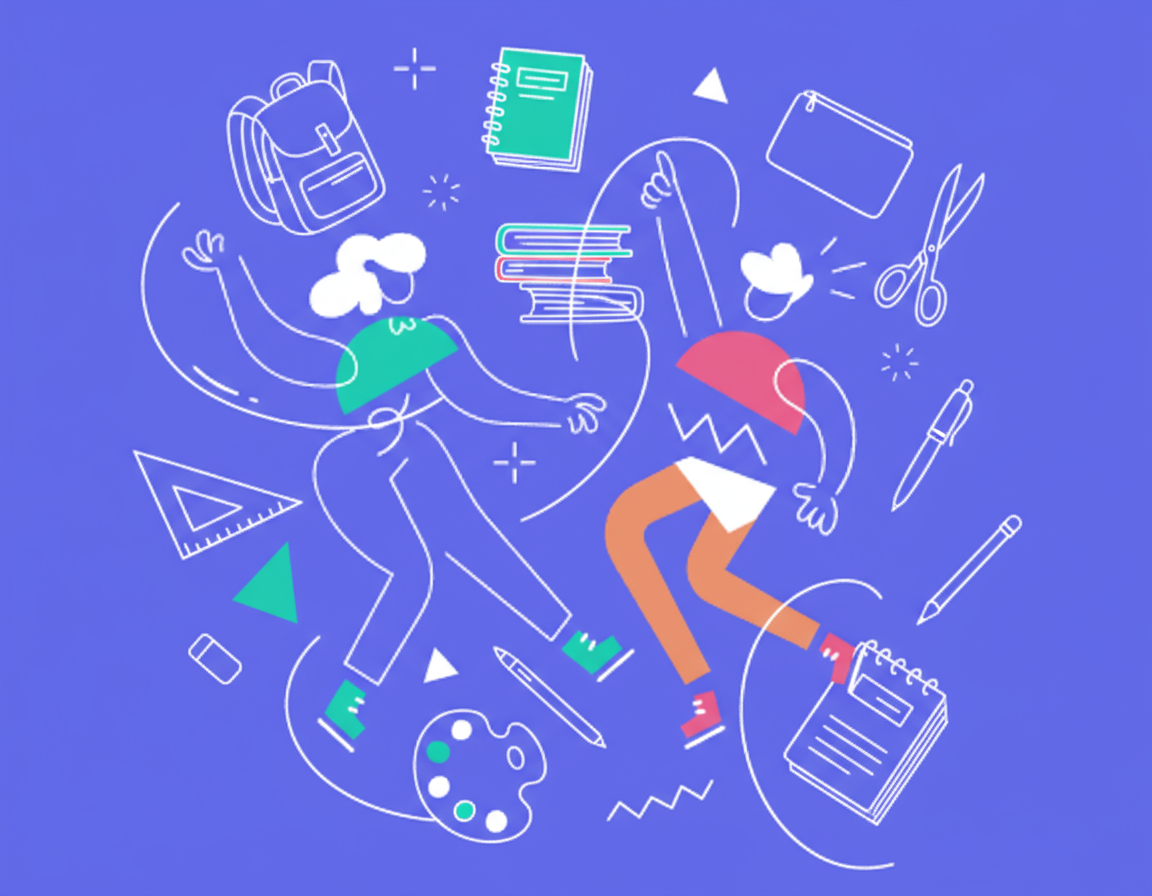 Ilustração de estudantes e material escolar